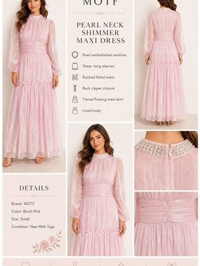 MOTF Blush Pink Pearl-Embellished Sheer Sleeve Maxi Dress